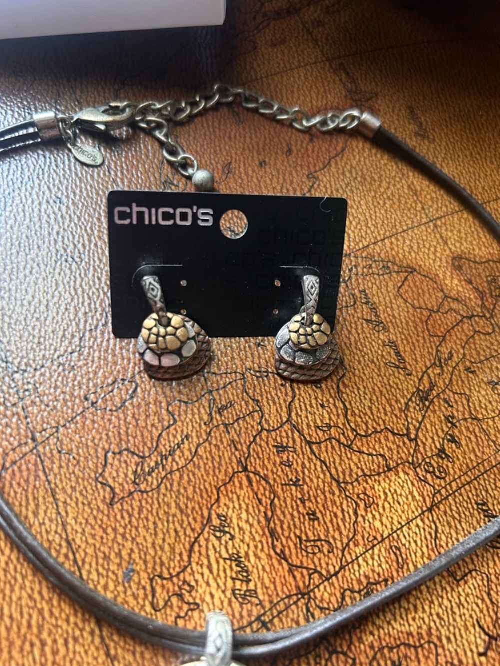 Chico's Metal Pendant Corded Necklace & Earring Set Copper/Brass/Silver - Picture 8 of 9